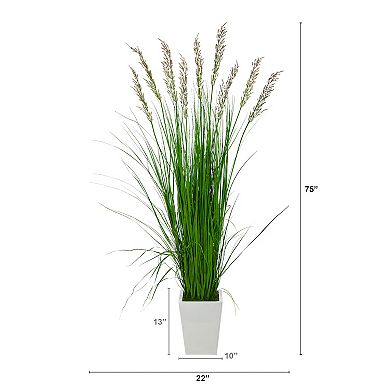 nearly natural 75-in. Grass Artificial Plant in White Metal Planter