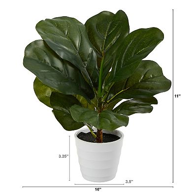nearly natural 11-in. Fiddle Leaf Artificial Plant in White Metal Planter