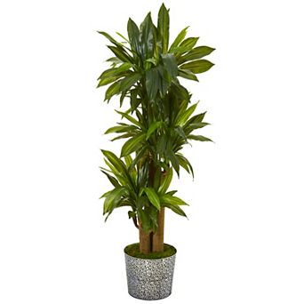 nearly natural 58 in Real Touch Corn Stalk Dracaena Artificial Plant in Black Embossed Tin Planter
