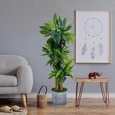 nearly natural 58-in. Real Touch Corn Stalk Dracaena Artificial Plant in Black Embossed Tin Planter