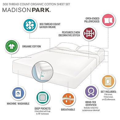 Madison Park 300-Thread Count 100% Organic Cotton Deep Pocket Sheet Set