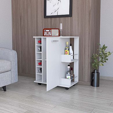 Newport Bar Cart with Casters, 6-Built In Wine Rack and 2 Open Shelves