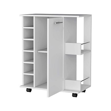 Newport Bar Cart with Casters, 6-Built In Wine Rack and 2 Open Shelves