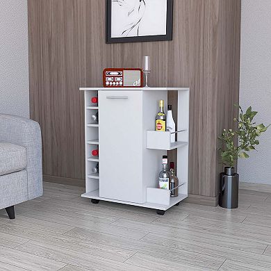 Newport Bar Cart with Casters, 6-Built In Wine Rack and 2 Open Shelves