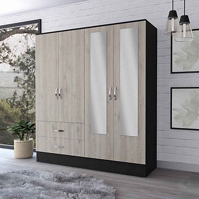 Florencia L Mirrored Armoire, Two Cabinets With Divisions, Two Drawers