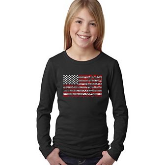 Fireworks American Flag - Girl's Word Art Long Sleeve