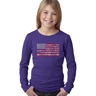 Fireworks American Flag - Girl's Word Art Long Sleeve