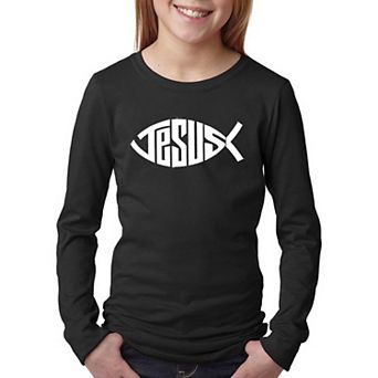 Christian Jesus Name Fish Symbol - Girl's Word Art Long Sleeve