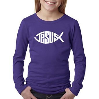 Christian Jesus Name Fish Symbol - Girl's Word Art Long Sleeve