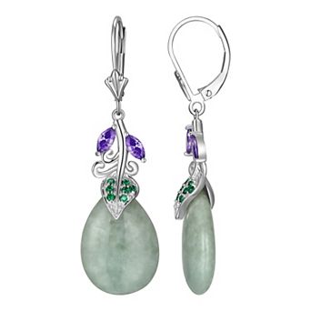 Dynasty Jade Rhodium-Plated Sterling Silver Jade & Cubic Zirconia Leverback Drop Earrings