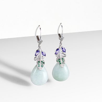 Rhodium-Plated Sterling Silver Jade & Cubic Zirconia Leverback Drop Earrings