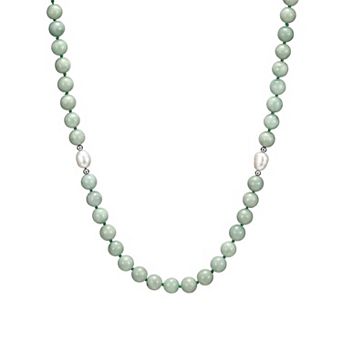 Dynasty Jade Rhodium-Plated Sterling Silver Jade & Cultured Freshwater Pearl Accent Bead Necklace