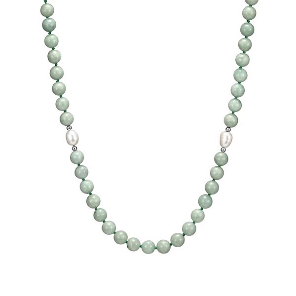 Dynasty Jade Rhodium Plated Sterling Silver Jade Cultured Freshwater Pearl Accent Bead Necklace