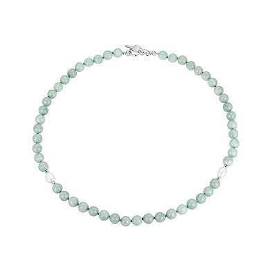 Rhodium-Plated Sterling Silver Jade & Cultured Freshwater Pearl Accent Bead Necklace