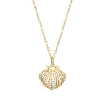 Dynasty Jade 18k Gold Over Sterling Silver Jade & Cubic Zirconia Clam Shell Pendant Necklace