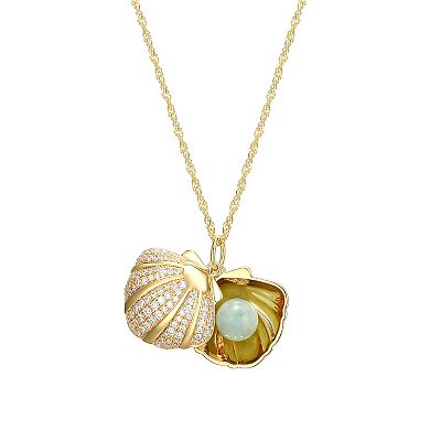 18k Gold Over Sterling Silver Jade & Cubic Zirconia Clam Shell Pendant Necklace