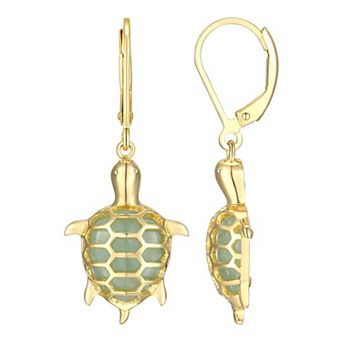 Dynasty Jade 18k Gold Over Sterling Silver Jade Turtle Leverback Drop Earrings