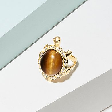Dynasty Jade 18k Gold Over Sterling Silver Tiger's Eye & Lab-Created White Sapphire Turtle Ring