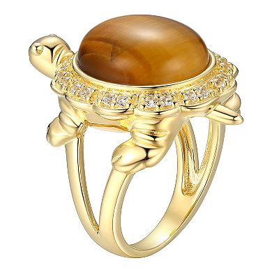 Dynasty Jade 18k Gold Over Sterling Silver Tiger's Eye & Lab-Created White Sapphire Turtle Ring