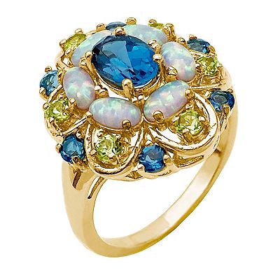 18k Gold Over Sterling Silver Lab-Created Opal With Swiss Blue Topaz & Peridot Pendant Ring