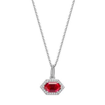 Classic Treasures Rhodium-Plated Sterling Silver Lab-Created Ruby With Lab-Created White Sapphire Halo Pendant Necklace