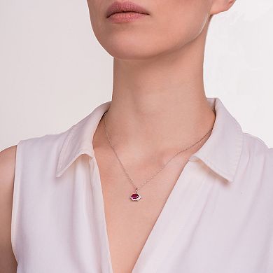 Classic Treasures Rhodium-Plated Sterling Silver Lab-Created Ruby With Lab-Created White Sapphire Halo Pendant Necklace