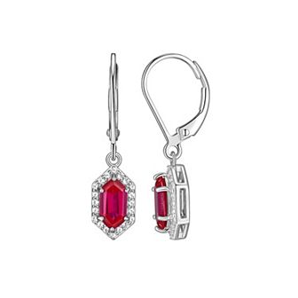 Classic Treasures Rhodium-Plated Sterling Silver Lab-Created Ruby With Lab-Created White Sapphire Halo Leverback Drop Earrings