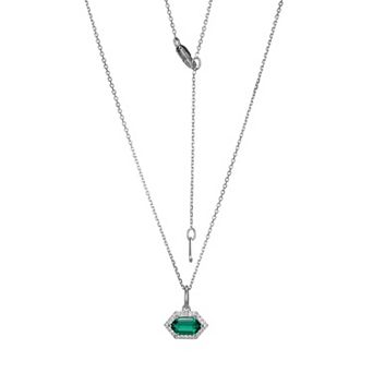 Classic Treasures Rhodium-Plated Sterling Silver Lab-Created Emerald With Lab-Created White Sapphire Halo Pendant Necklace