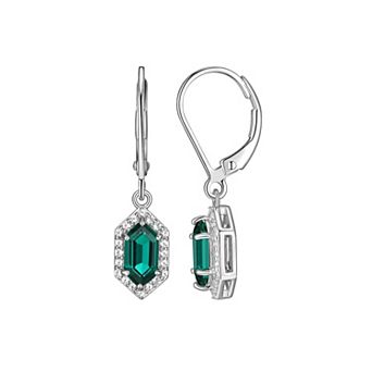 Classic Treasures Rhodium-Plated Sterling Silver Lab-Created Emerald With Lab-Created White Sapphire Halo Leverback Drop Earrings
