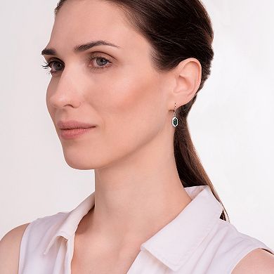 Classic Treasures Rhodium-Plated Sterling Silver Lab-Created Emerald With Lab-Created White Sapphire Halo Leverback Drop Earrings