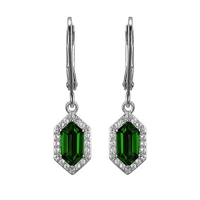 Classic Treasures Rhodium-Plated Sterling Silver Lab-Created Emerald With Lab-Created White Sapphire Halo Leverback Drop Earrings