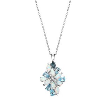Classic Treasures Rhodium-Plated Sterling Silver Blue Topaz With Lab-Created Opal and Lab-Created White Sapphire Accent Cluster Pendant Necklace