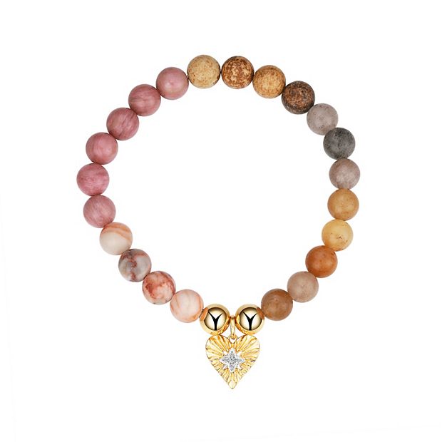 Love This Life 14K Gold Tone Heart and Star Charm and Multicolor Stone Stretch Bracelet