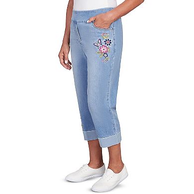 Petite Alfred Dunner Floral Embroidered Denim Capri Rolled Jeans