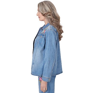 Petite Alfred Dunner Floral Embroidered Denim Button Down Jean Jacket