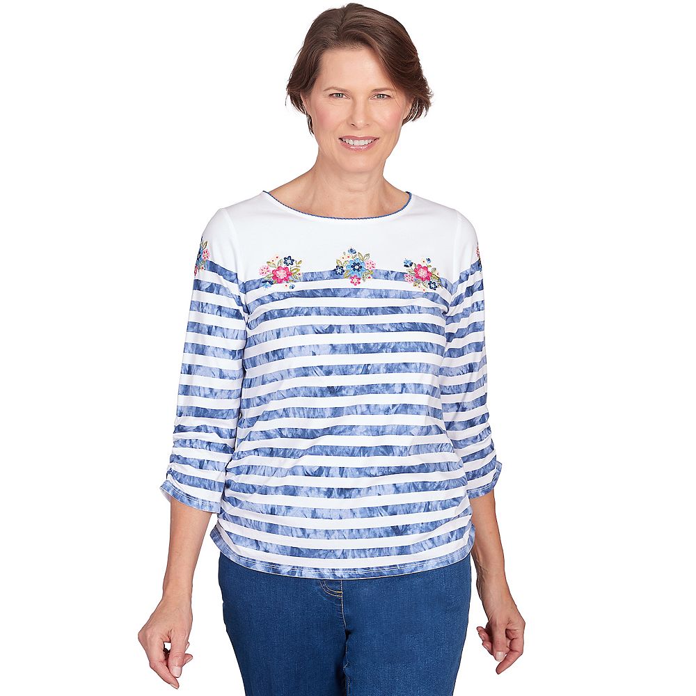 Alfred Dunner Floral Linework Side Tie Ruched Top- Petite main image 1