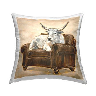Stupell Home Decor Longhorn White Bull Resting in Brown Chair 18" x 18" Decorative Throw Pillow