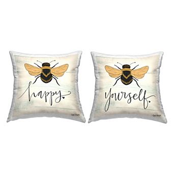 Stupell Home Decor 2-Pack Bee Happy Be Yourself Charming Insect Pun 18" x 18" Decorative Throw Pillows