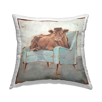 Stupell Home Decor Brown Cattle on a Blue Chair Funny Chic Farmhouse 18" x 18" Decorative Throw Pillow