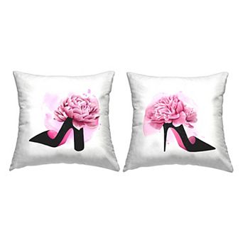 Stupell Home Decor 2-Pack Glam Fashion Heels Pink Black Flower Shoes 18" x 18" Decorative Throw Pillows