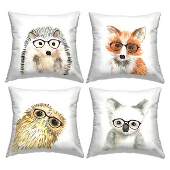 Stupell Home Decor 4-Pack Adorable Forest Animals Hipster Glasses Owl Fox 18" x 18" Decorative Throw Pillows