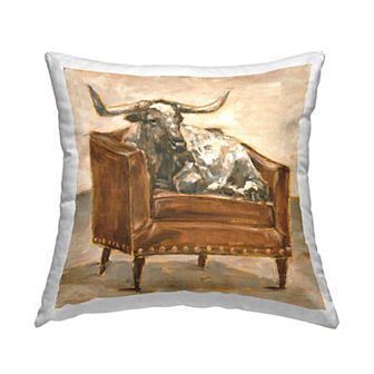 Stupell Home Decor Brown Bull Resting in Orange Brown Chair 18" x 18" Decorative Throw Pillow