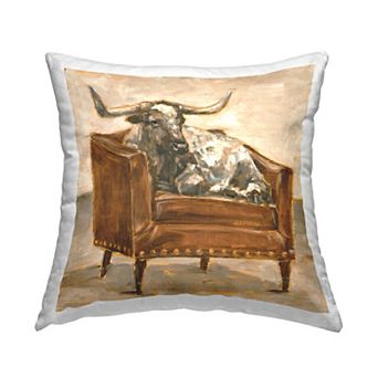 Stupell Home Decor Brown Bull Resting in Orange Brown Chair 18" x 18" Decorative Throw Pillow