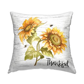 Stupell Home Decor Thankful Text Country Sunflowers Bumble Bees 18" x 18" Decorative Throw Pillow