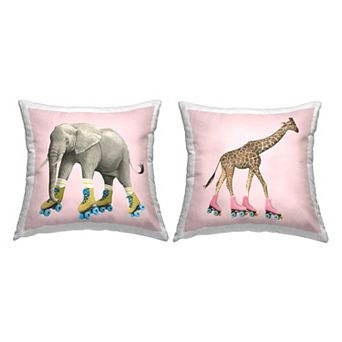 Stupell Home Decor 2-Pack Elephant and Giraffe Roller Skating Retro Pink 18" x 18" Decorative Throw Pillows