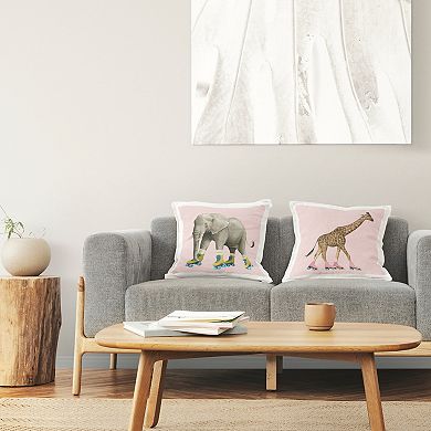 Stupell Home Decor 2-Pack Elephant and Giraffe Roller Skating Retro Pink 18" x 18" Decorative Throw Pillows