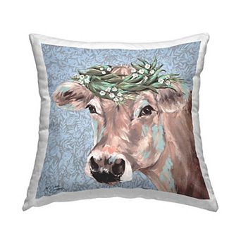 Stupell Home Decor Charming Rural Cow Portrait Floral Crown 18" x 18" Decorative Throw Pillow