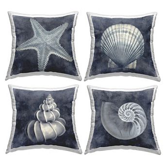 Stupell Home Decor 4-Pack Nautical Distressed Seashells and Starfish Blue White 18" x 18" Decorative Throw Pillows