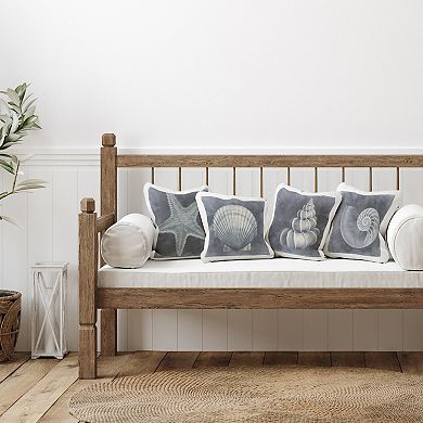 Stupell Home Decor 4-Pack Nautical Distressed Seashells and Starfish Blue White 18" x 18" Decorative Throw Pillows