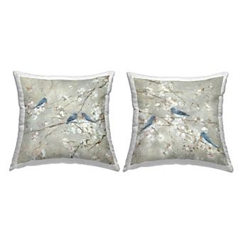 Stupell Home Decor 2-Pack Blue Birds Perched Tree Blossoms Spring Scene 18" x 18" Decorative Throw Pillows